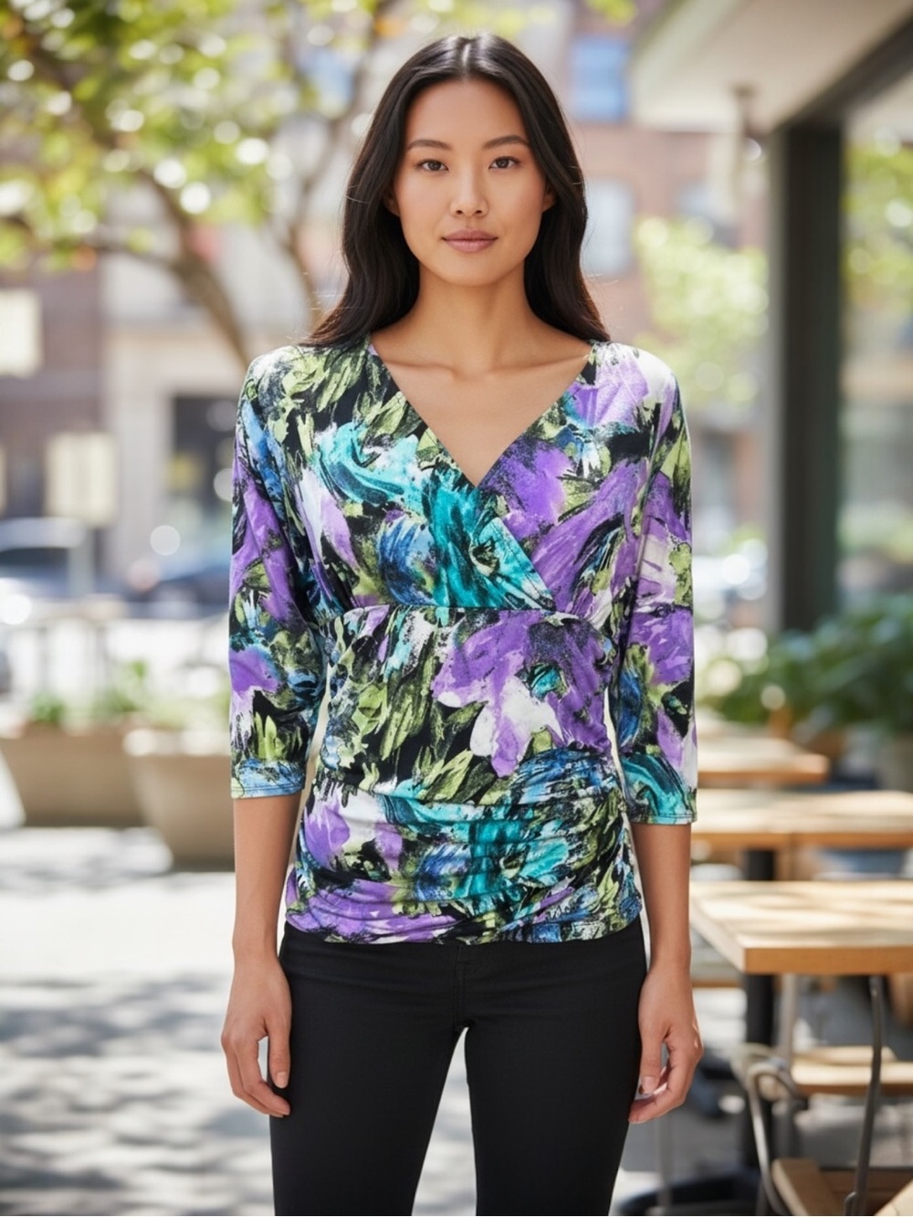 Relativity Floral Ruched V-Neck Top Size Medium Purple Blue 3/4 Sleeve Stretch